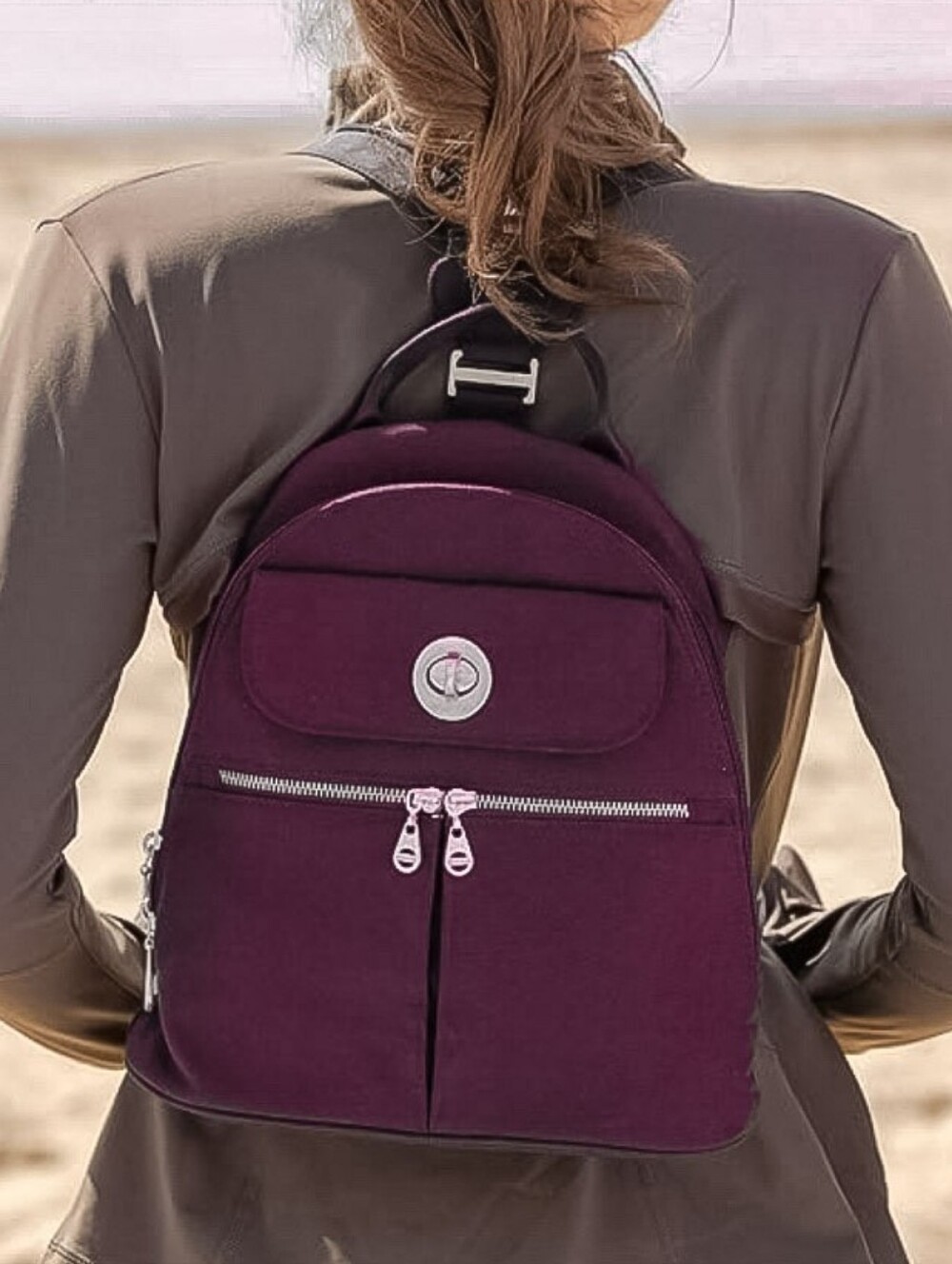 New RFID Women's AntiTheft Baggallini Naples Convertible Plum Travel Backpack